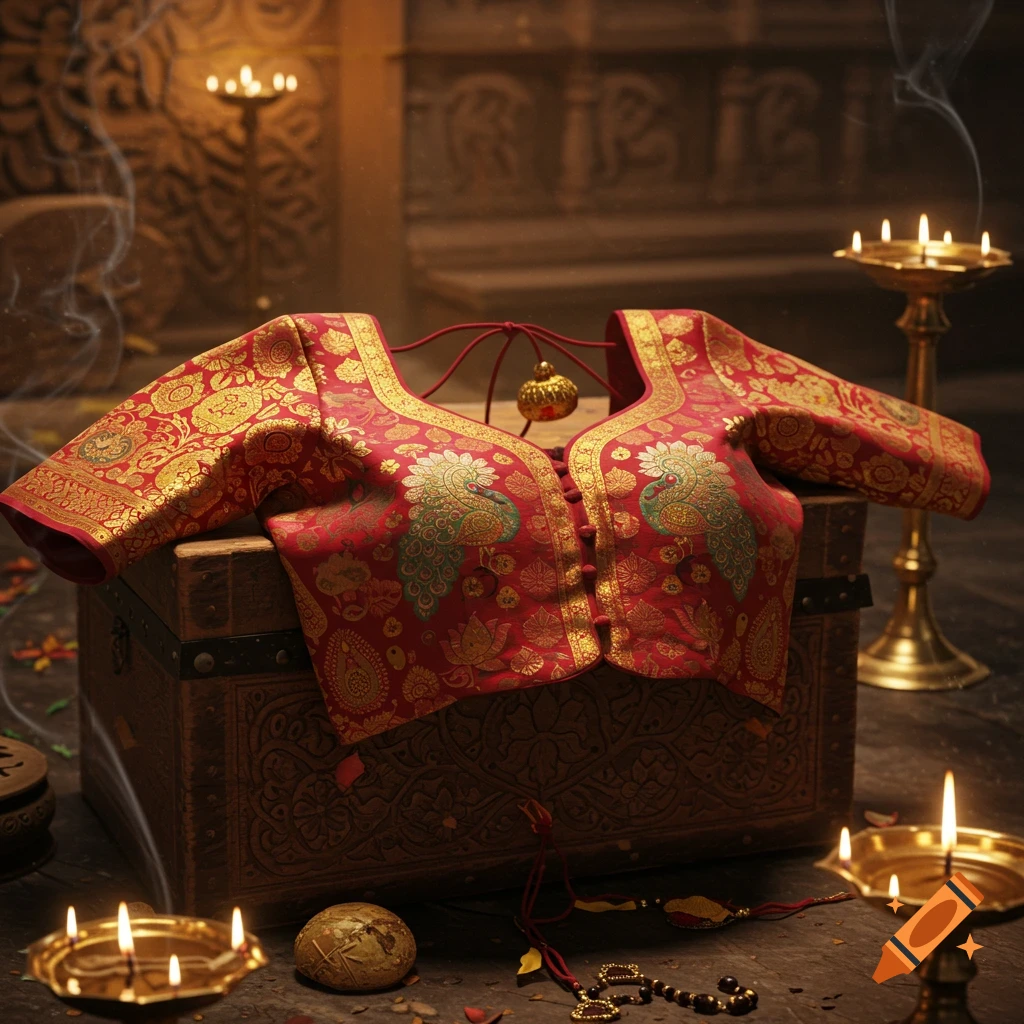 Vibrant red and gold traditional Indian blouse with peacock patterns on a carved wooden chest, surrounded by lit oil lamps in a dim, ornate room.
