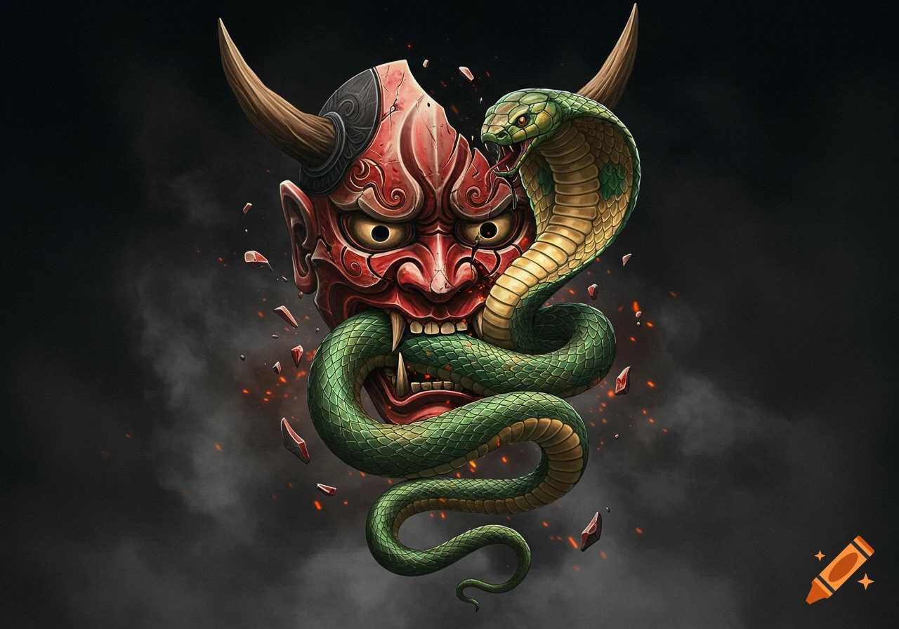 Stylized illustration of a red Hannya mask with a green and yellow cobra emerging from its mouth, set against a dark, smoky background with scattered fragments.