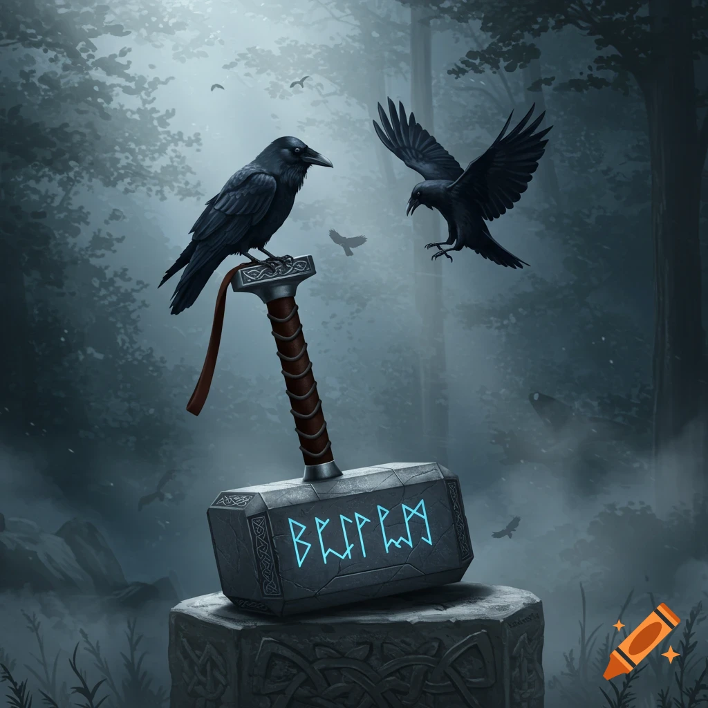 Digital illustration of Thor's hammer Mjolnir resting on a stone pedestal in a misty forest, with one raven perched on the hammer and another flying nearby.