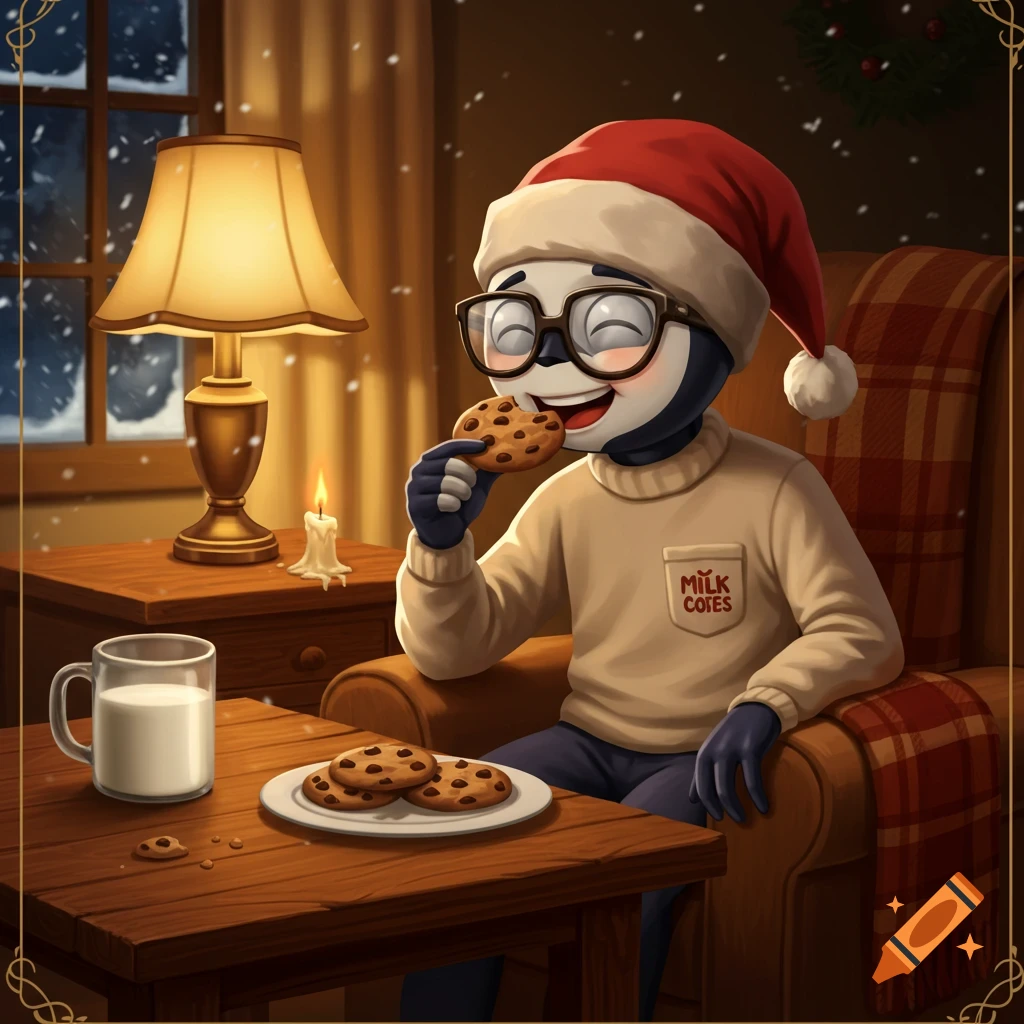 A cute panda-like character in a Santa hat and glasses happily eats a cookie with milk in a cozy, snowy, festive room.