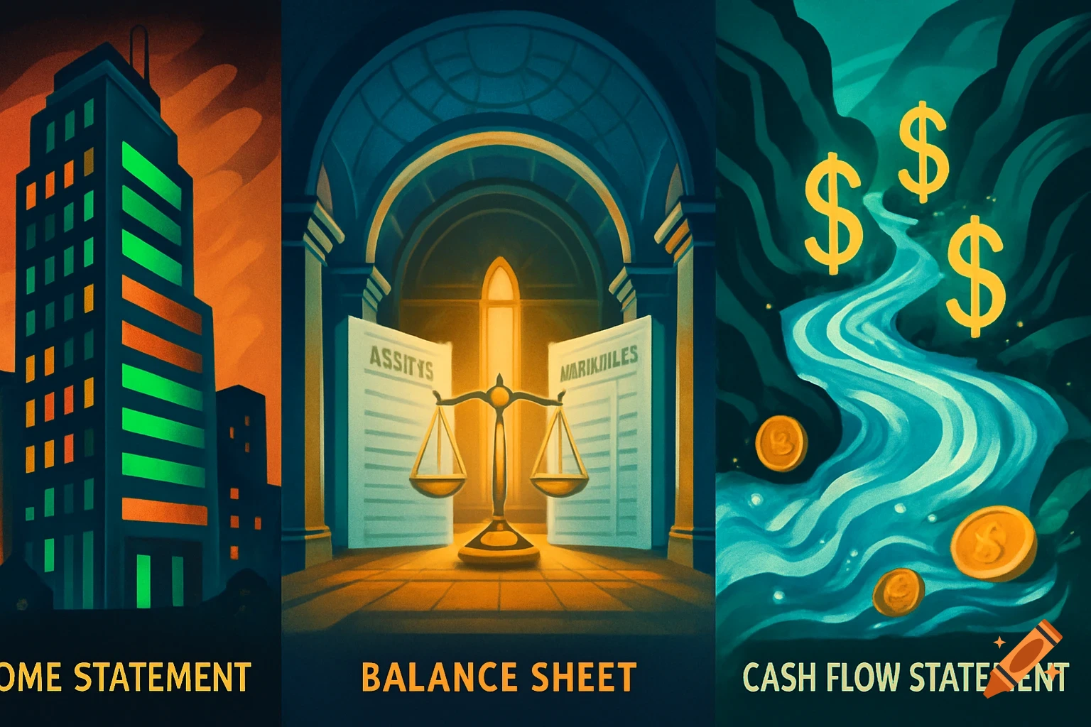 A triptych of abstract illustrations representing financial concepts. Left panel: a tall building against an orange sky, labeled 'OME STATEMENT'. Middle panel: a set of balance scales with two documents labeled 'ASSITTYS' and 'MARIKJILES' in a grand hall, labeled 'BALANCE SHEET'. Right panel: a blue river flowing through a green landscape with gold dollar signs and coins, labeled 'CASH FLOW STATEMENT'.