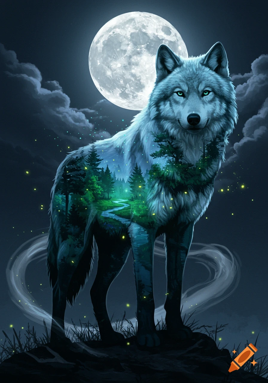Stylized wolf with a semi-transparent body revealing a vibrant forest, river, and fireflies inside, standing under a full moon at night.