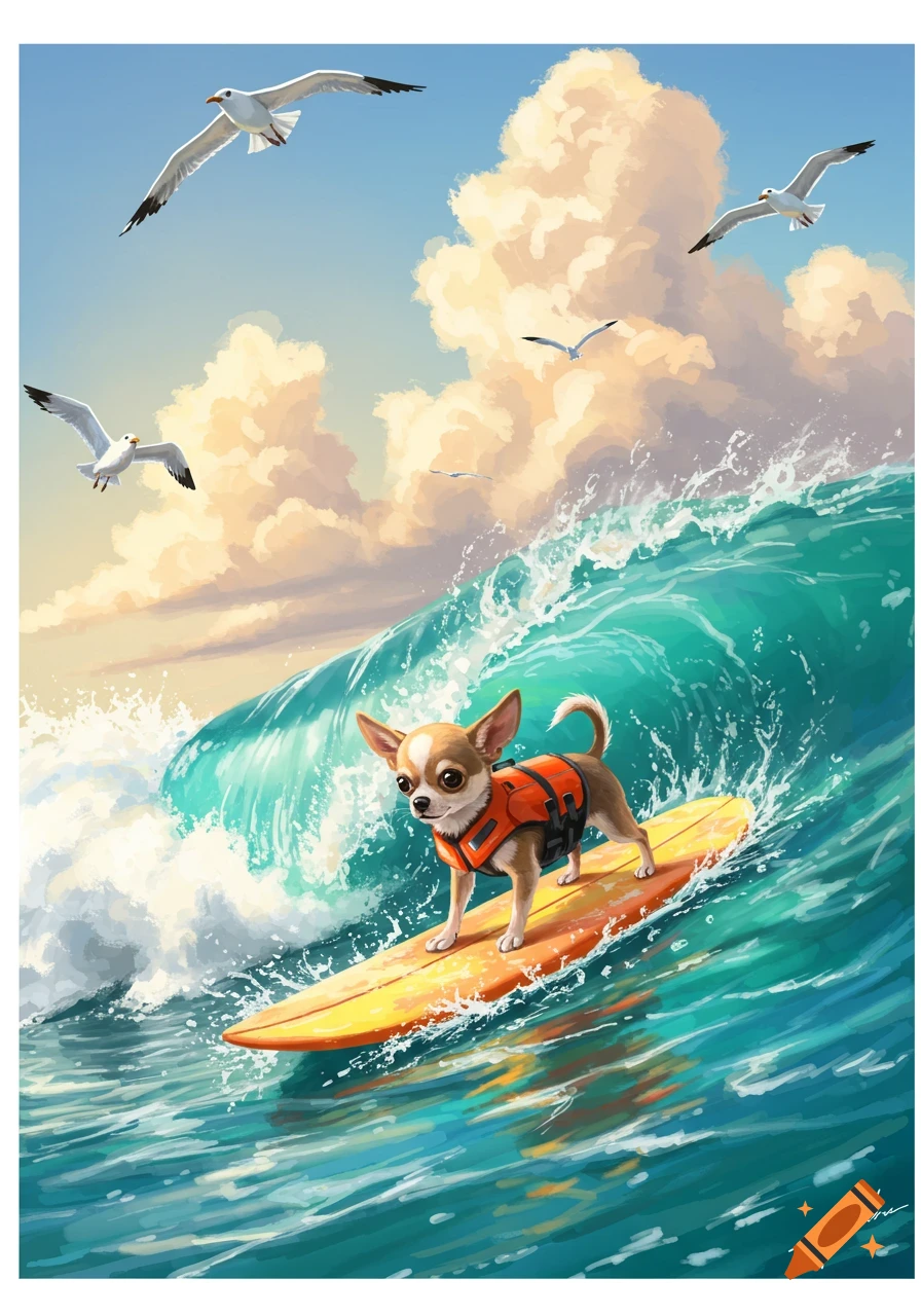An adorable chihuahua wearing an orange life vest surfs a large blue ocean wave under a sunny sky with seagulls flying. Illustration.