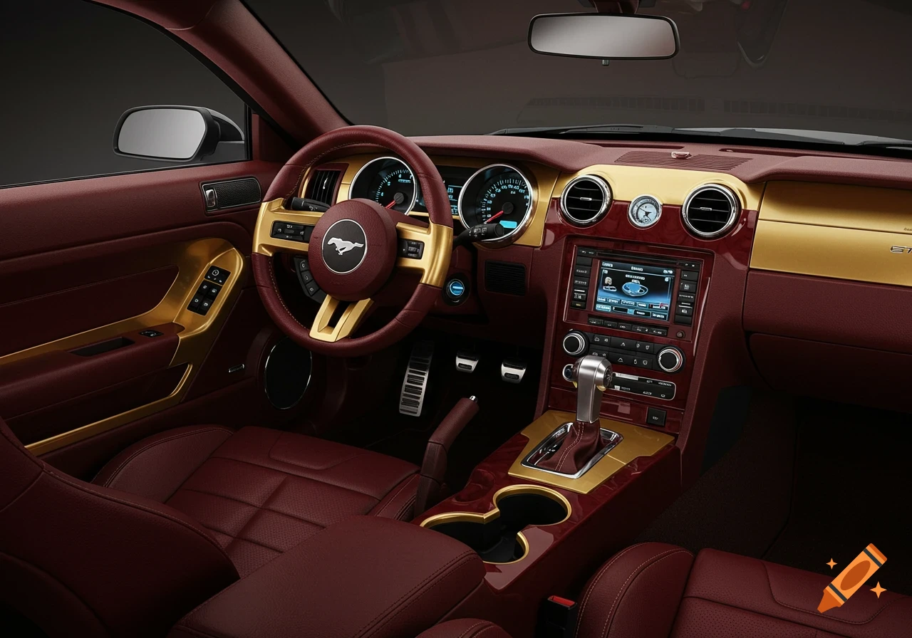 Interior of a maroon and gold custom 2005 Ford Mustang GT with a detailed dashboard.