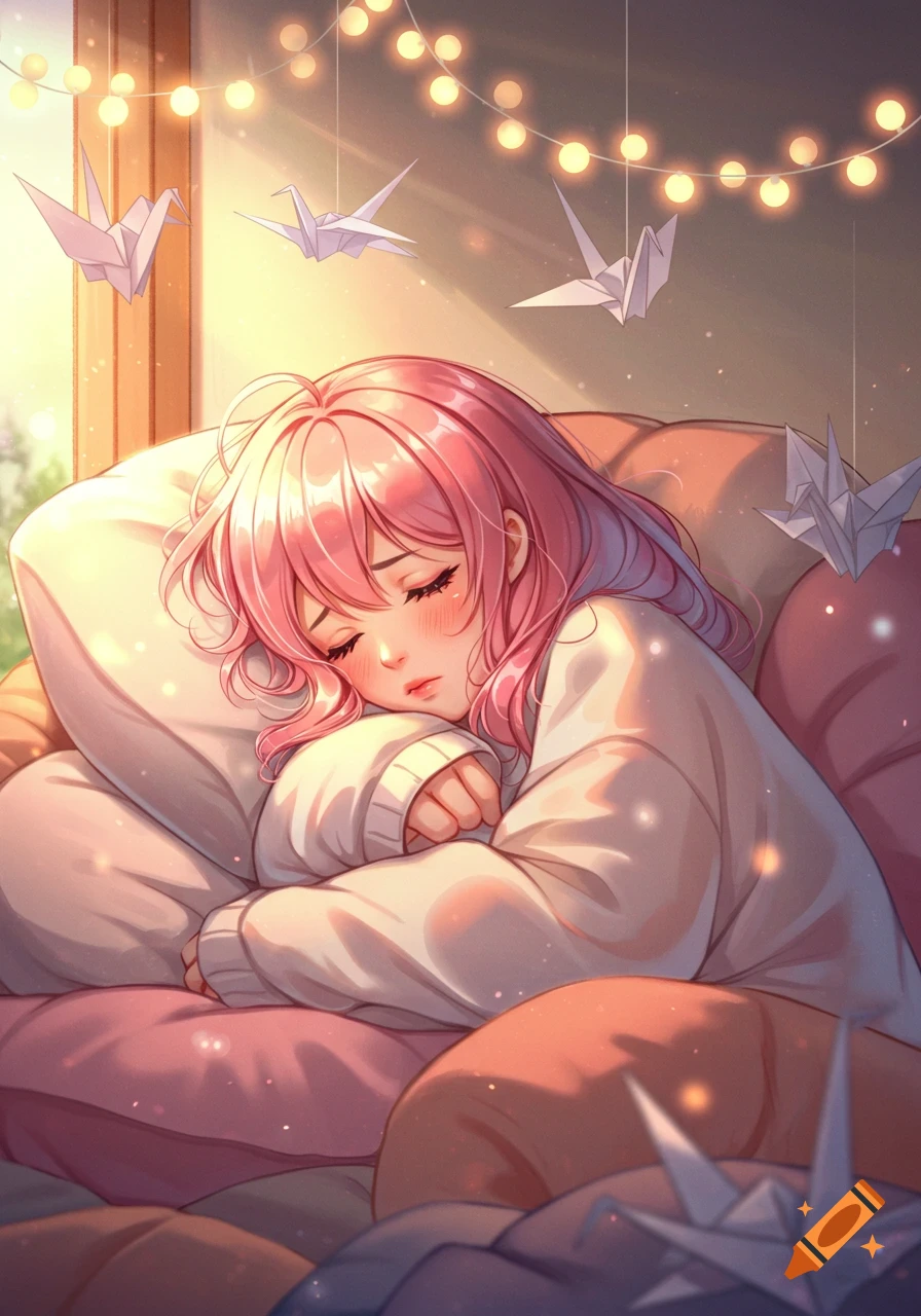 An anime girl with pink hair sleeps peacefully on a pillow, surrounded by string lights and paper cranes in warm sunlight.