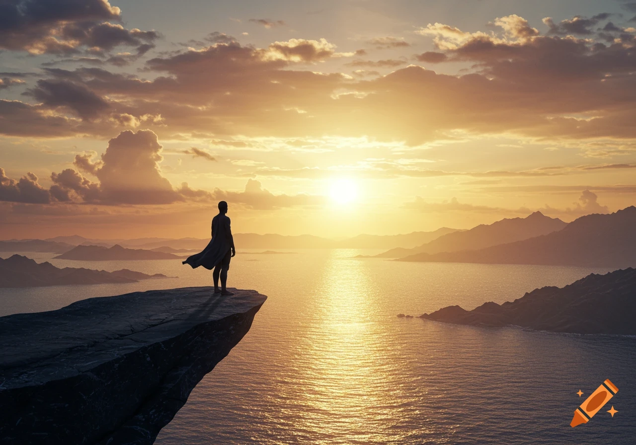 A person in a flowing cape stands silhouetted on a cliff edge, looking out over a vast ocean and mountains at sunset.