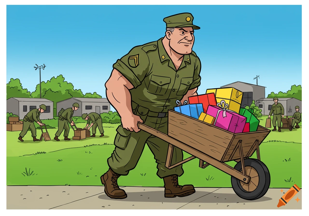 A strong U.S. Army soldier pulls a wheelbarrow full of colorful gifts in a clipart style, with other soldiers working in the background at a military base.