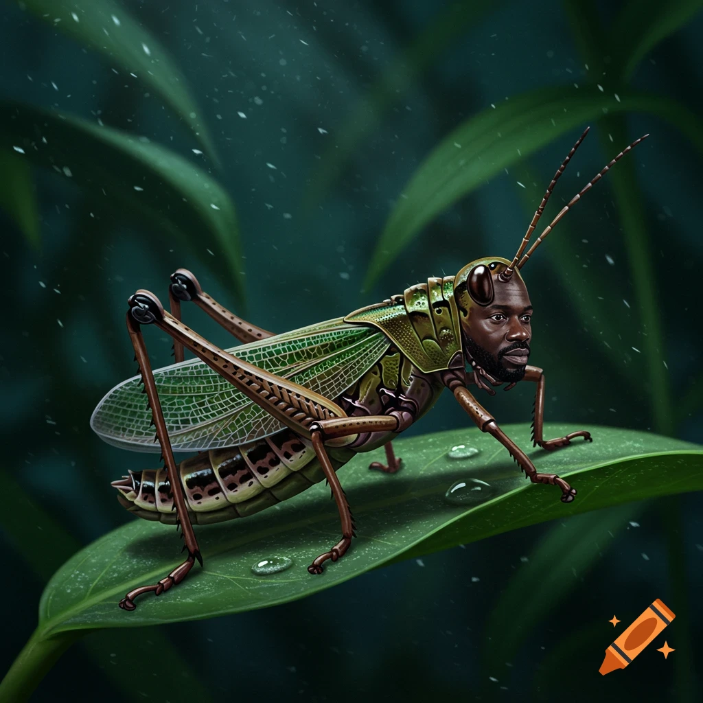 A photorealistic image of a green grasshopper with a black man's head, sitting on a dewy green leaf in a rainy, dark environment.