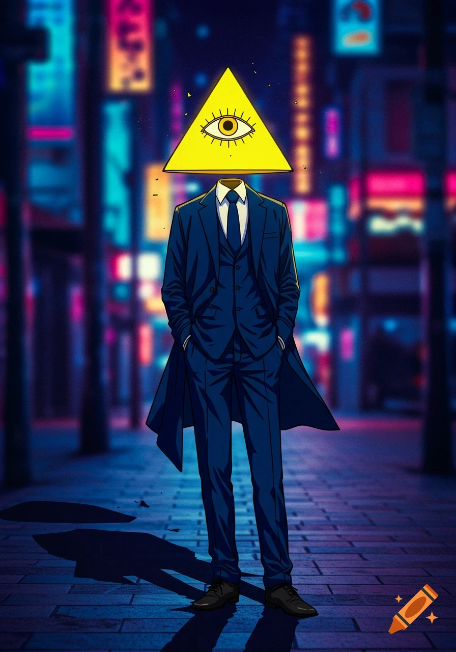 An anime-style figure with a yellow triangle head featuring an eye, wearing a dark suit, stands on a neon-lit urban street at night.