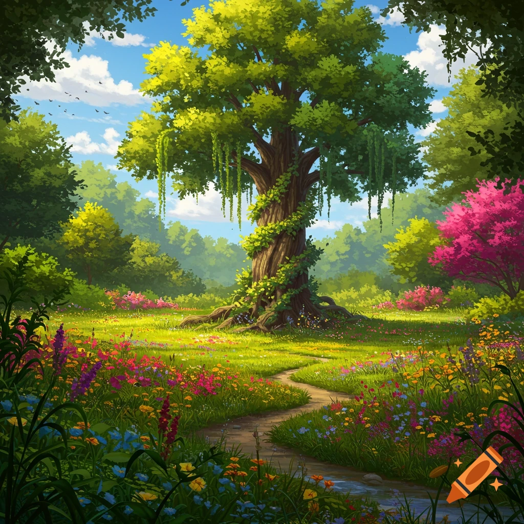 A vibrant, illustrative fantasy landscape with a large, ancient tree covered in vines in a meadow of colorful wildflowers and a winding path.