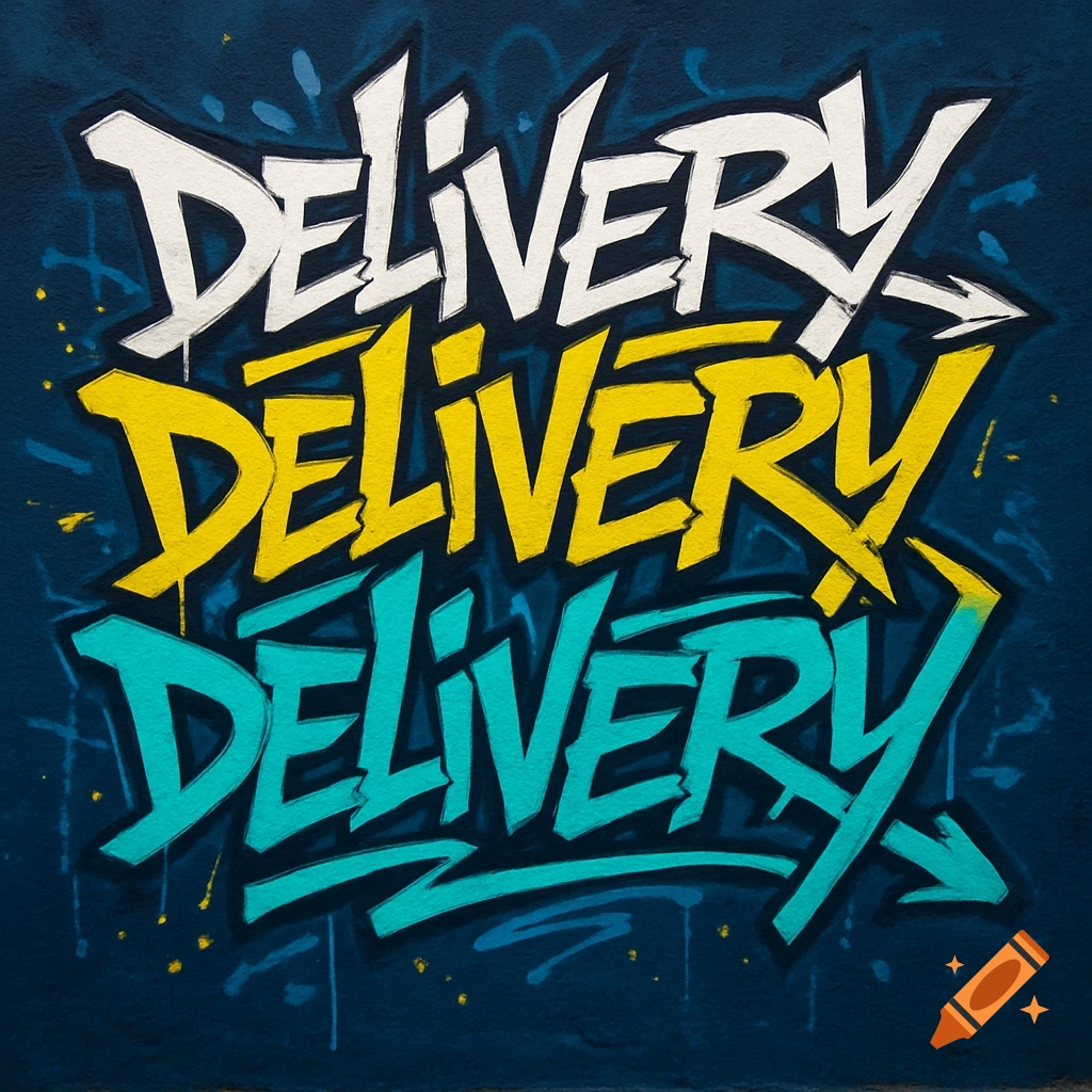 Bold graffiti art of the word "DELIVERY" repeated three times in white, yellow, and teal against a dark blue background.