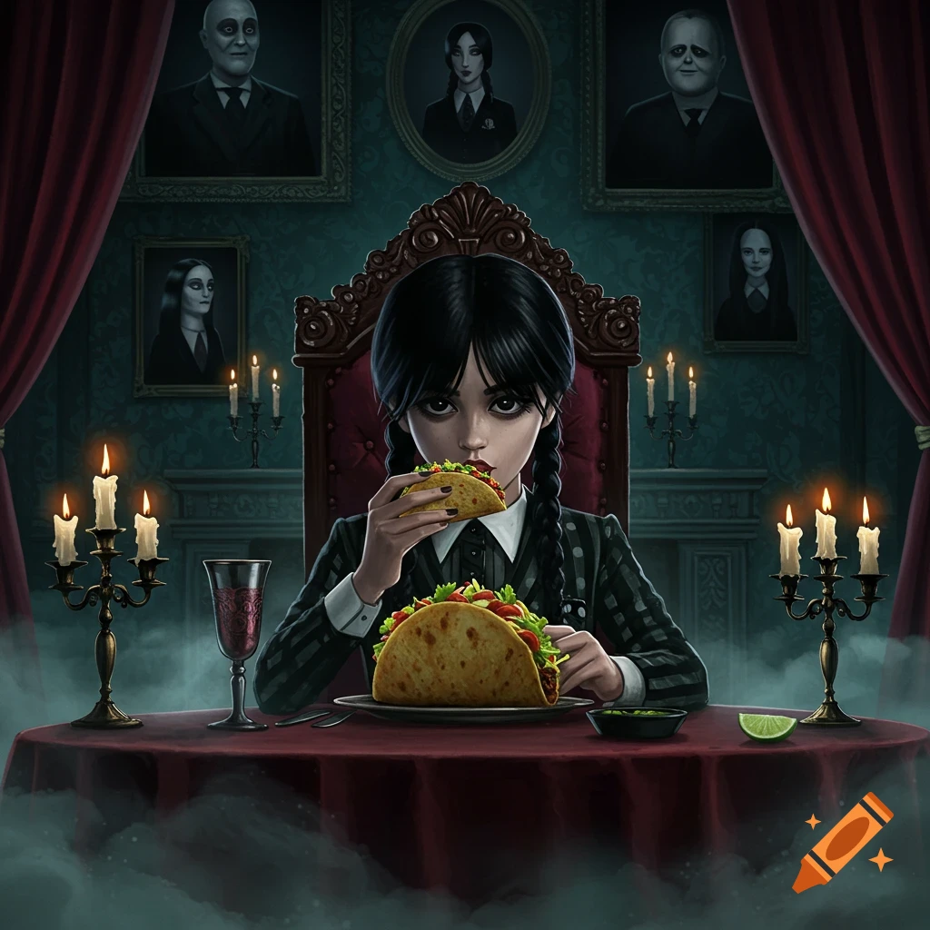 Illustrated portrait of Wednesday Addams in a gothic dining room, eating a taco at a candlelit table.