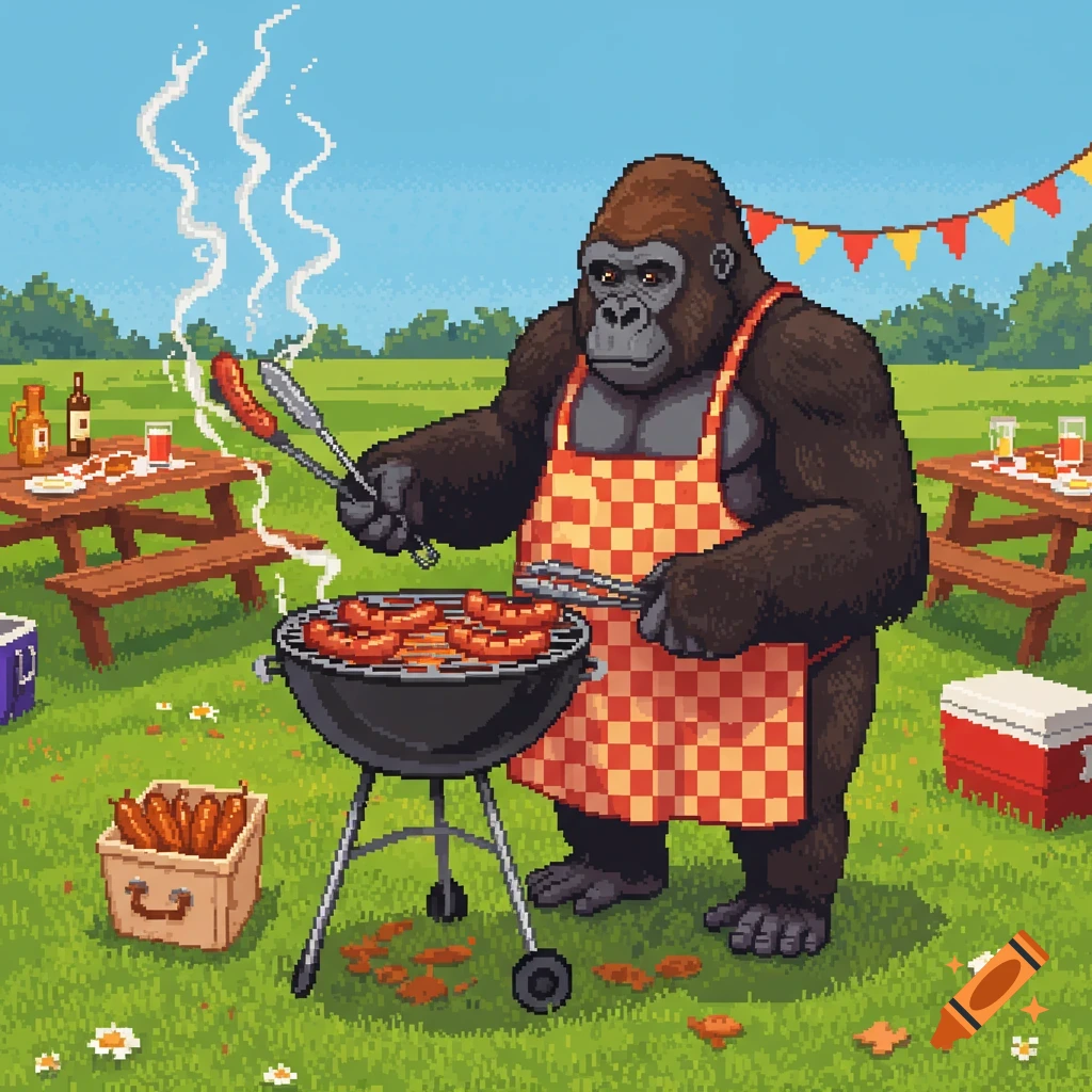 A pixel art illustration of a gorilla wearing an apron grilling hotdogs at a picnic in a park.