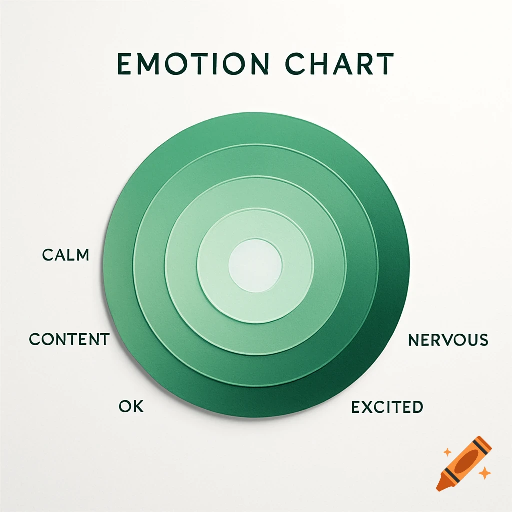 A green emotion chart with concentric circles. Text labels include 'CALM', 'CONTENT', 'OK', 'NERVOUS', and 'EXCITED' around the circles.