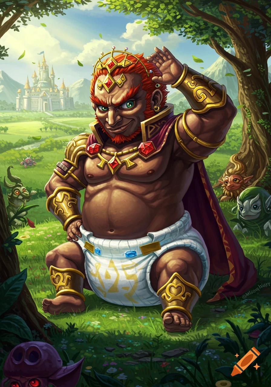 Whimsical illustration of a baby Ganondorf from Legend of Zelda, wearing a diaper and golden armor in a grassy field with Hyrule Castle.