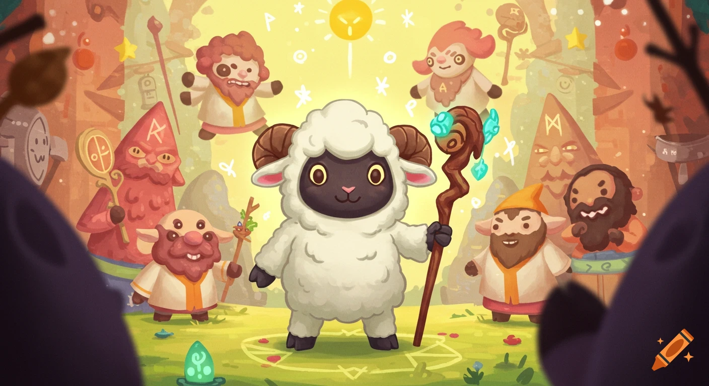 A cute white sheep character with horns holds a staff in a magical forest, surrounded by various cartoonish cult-like figures, with a pentagram on the ground.