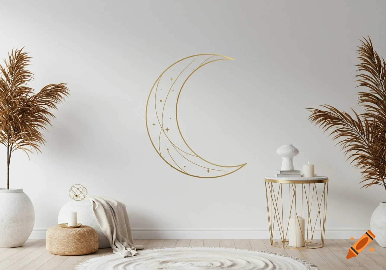 Minimalist interior with a golden crescent moon wall decal, pampas grass, and boho-style furniture.