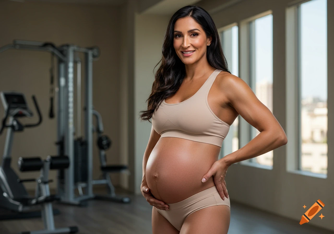 A smiling pregnant woman in a bra and underwear poses in a gym, cradling her baby bump.