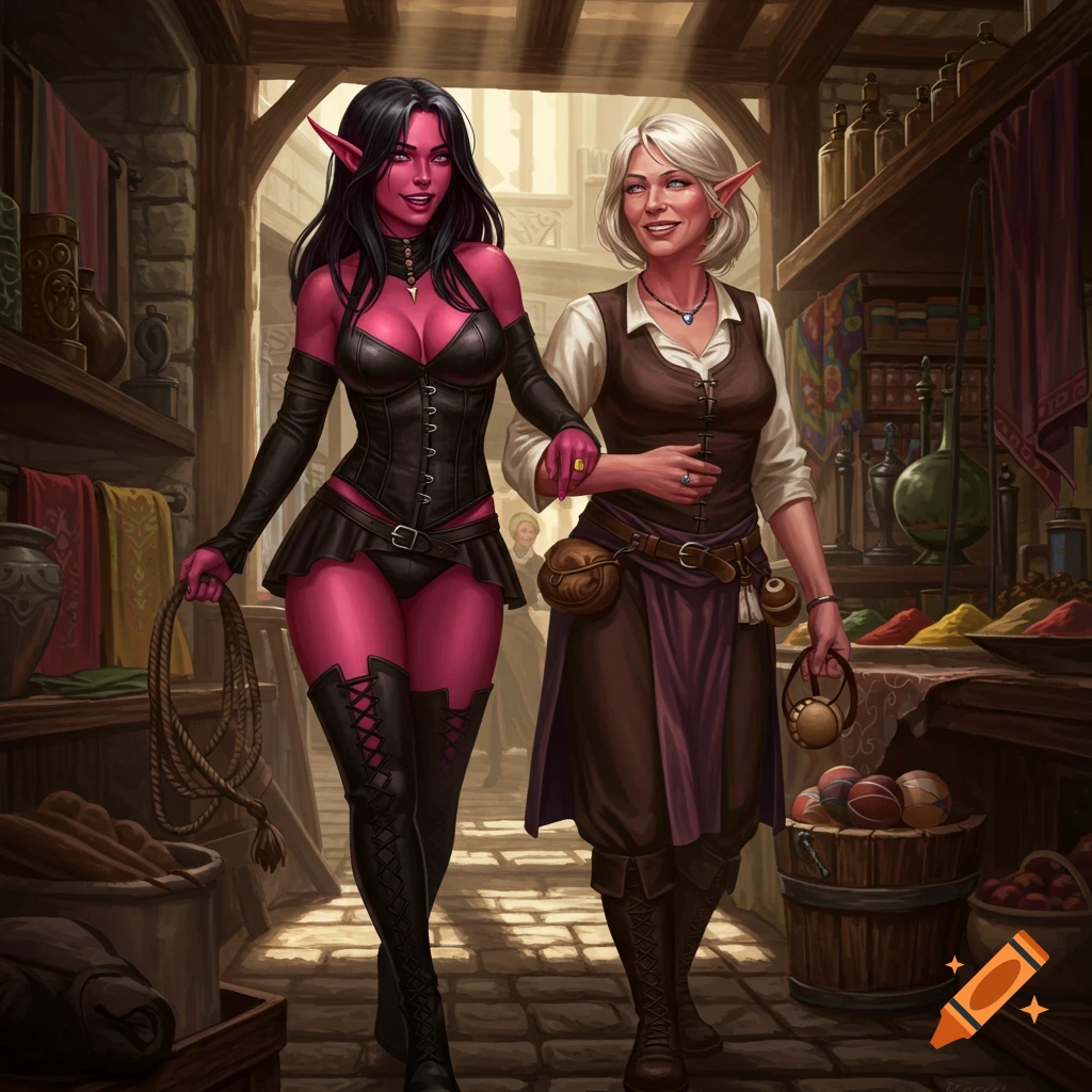 A red-skinned elf in black leather and a human woman in brown and white walk arm-in-arm through a medieval market, smiling.