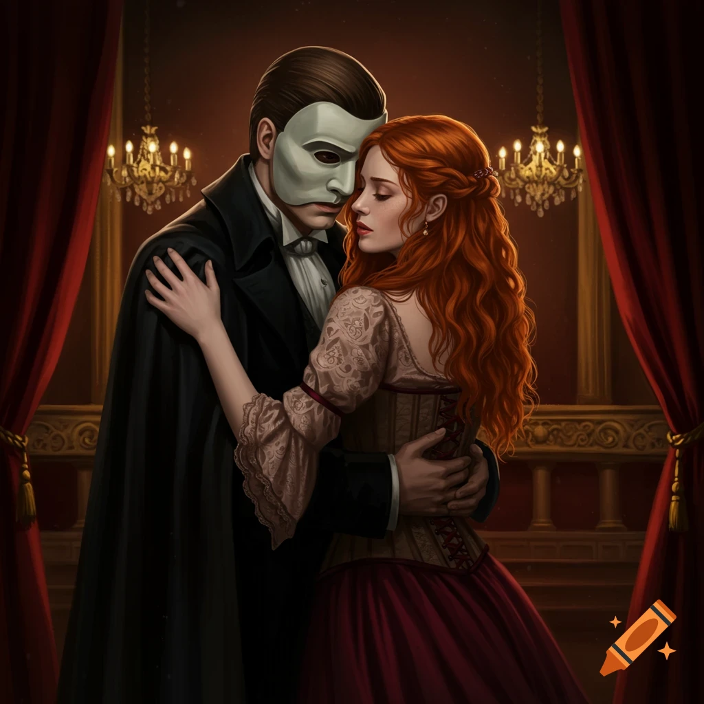 A redheaded Victorian woman in a corset embracing the Phantom of the Opera in a dark, theatrical setting with chandeliers.