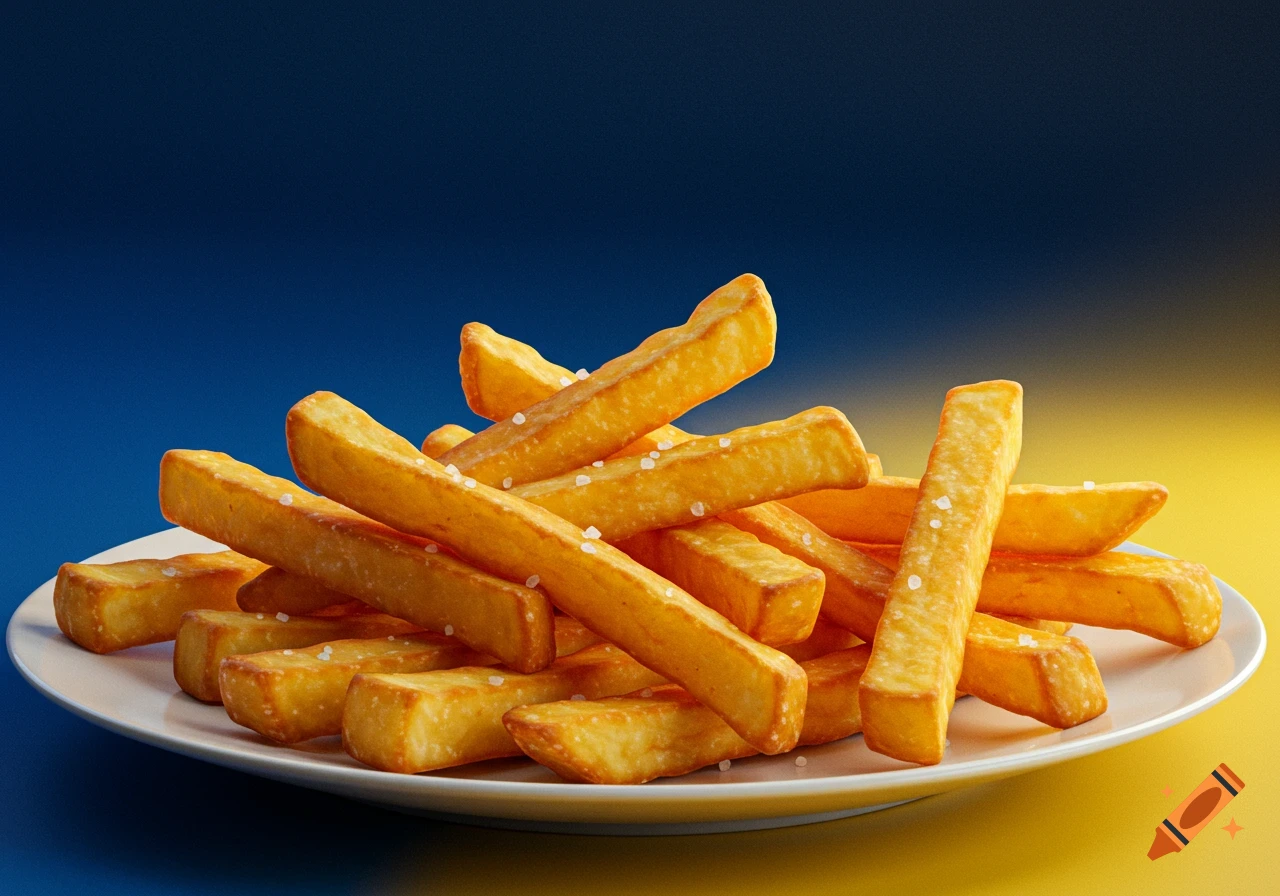 A plate of golden-brown french fries with salt, set against a blue and yellow gradient background in a professional photo.