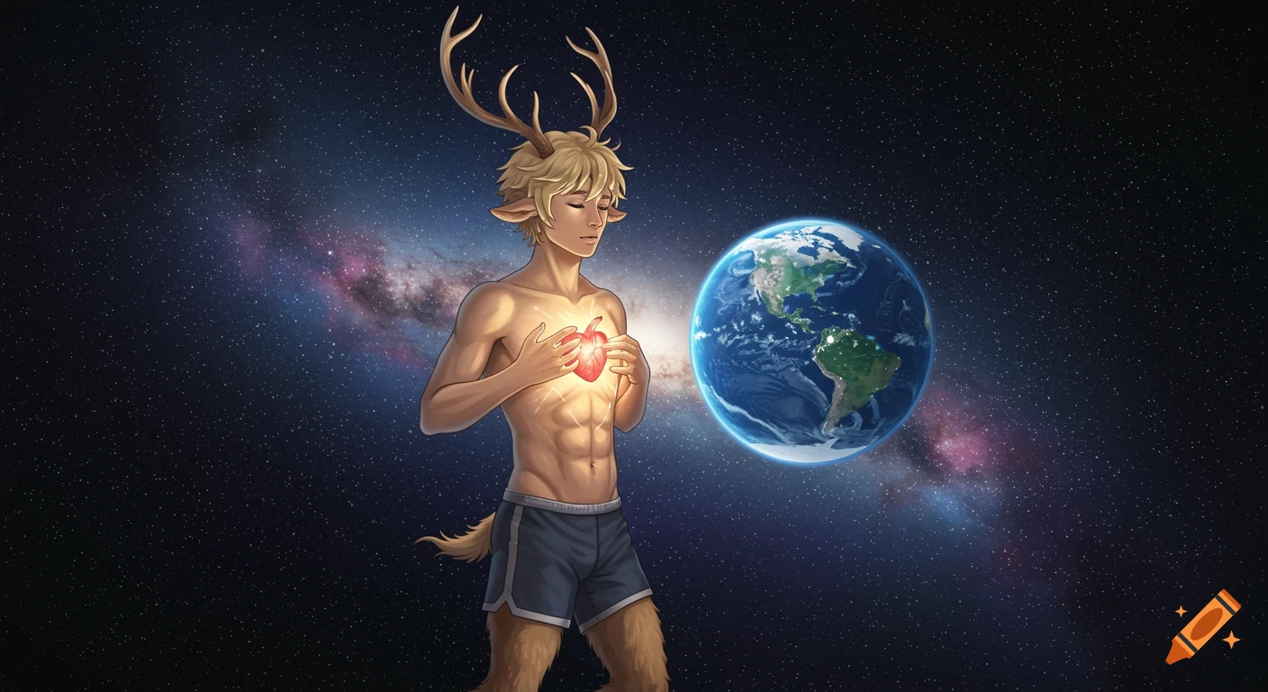An anime blond satyr with antlers stands in space, holding his chest open to reveal a glowing heart, with Earth floating nearby.