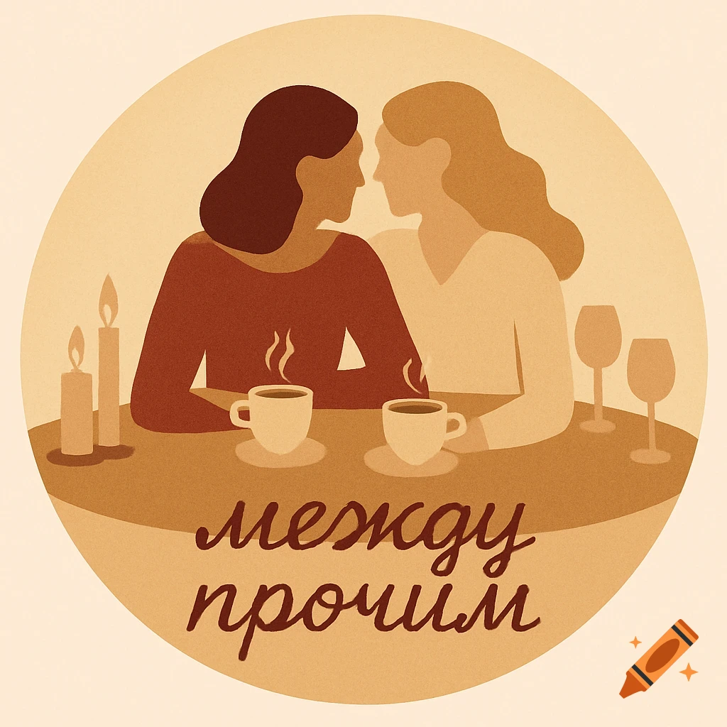 Minimalist illustration of two women sharing coffee and candlelight, with Russian text 'между прочим'.