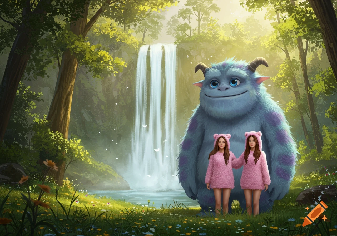 A large blue furry monster stands with two women in pink fluffy outfits in a lush forest with a tall waterfall, digital painting.