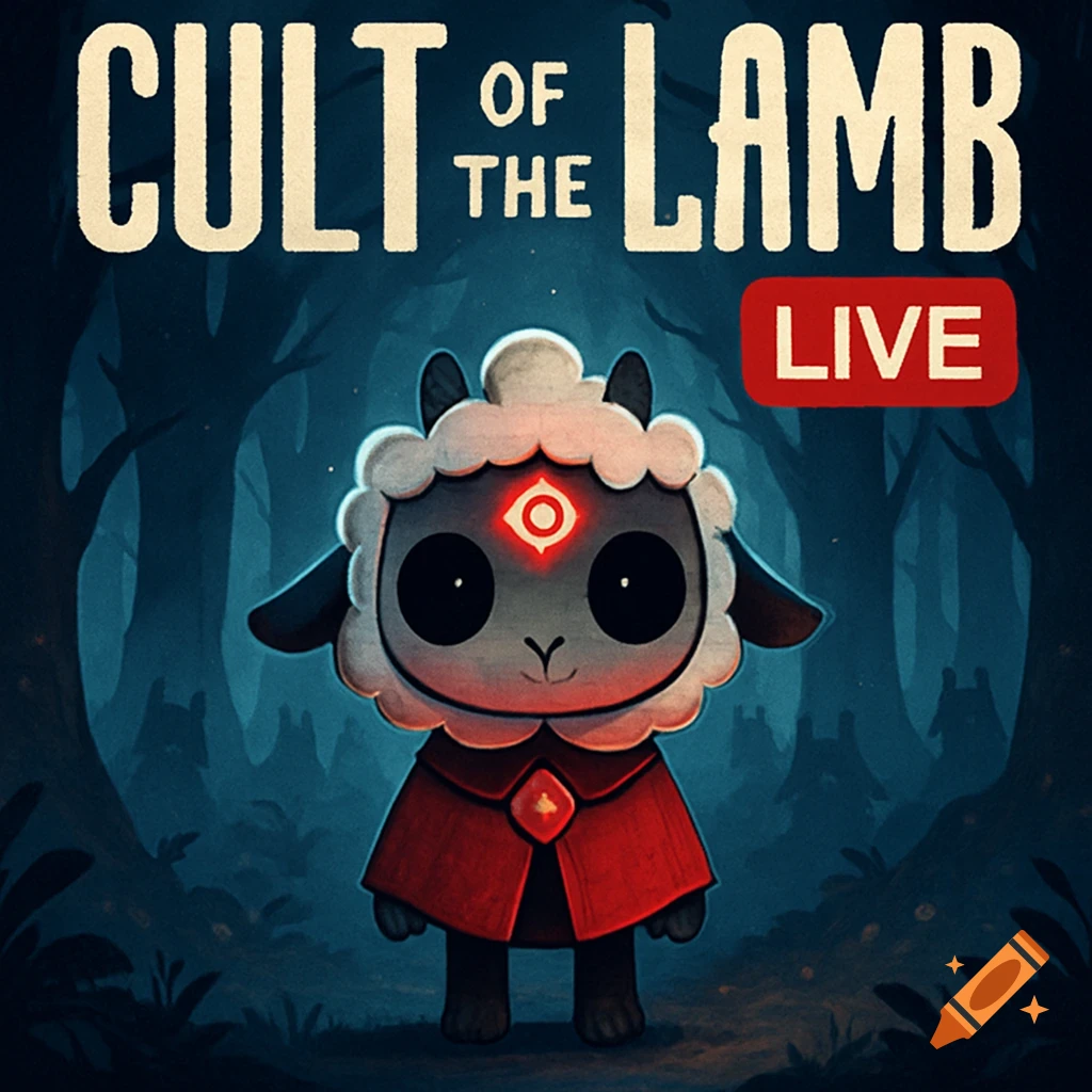 Stylized image of a black and white lamb wearing a red cloak, with a red eye symbol on its forehead, standing in a dark forest. Text reads 'CULT OF THE LAMB LIVE'.