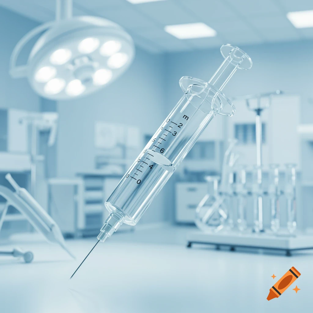 A clear syringe with a needle floats in a bright, sterile medical or laboratory setting, with an operating light visible in the background.