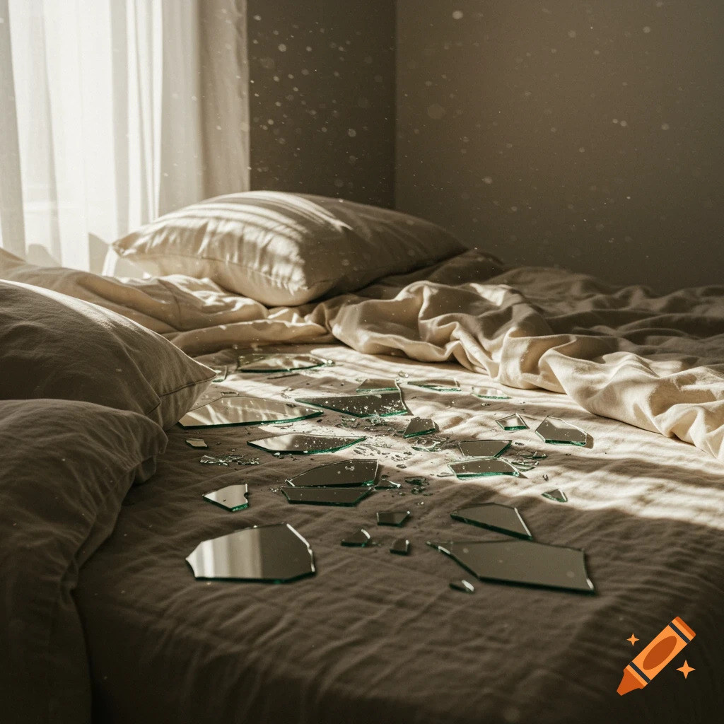 Broken mirror pieces scattered across a light-colored bed in a sunlit room, with dust motes visible in the light.