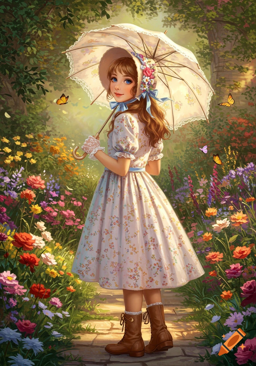 A sweet, gentle European aristocratic girl in a floral dress, lace hat, and boots, holding a parasol in a vibrant flower garden with butterflies.