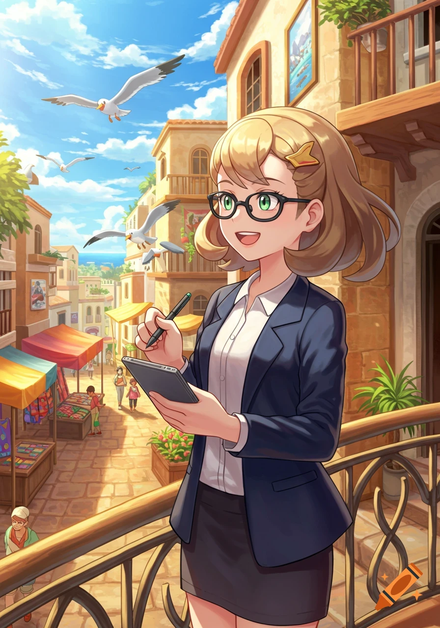 A young woman with short brown hair and glasses, wearing a business suit, holds a tablet and stylus on a balcony overlooking a lively market street with buildings and seagulls flying in the sky.