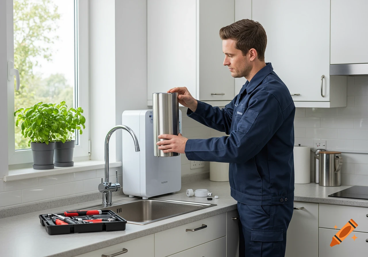 An engineer in a blue uniform installs a white home water purifier on a kitchen counter next to a sink, with tools nearby.