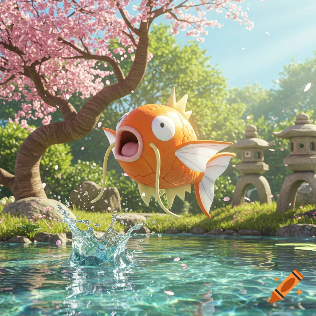 A vibrant orange Magikarp jumps out of a pond in a cherry blossom garden, with water splashing around it. Photorealistic style.