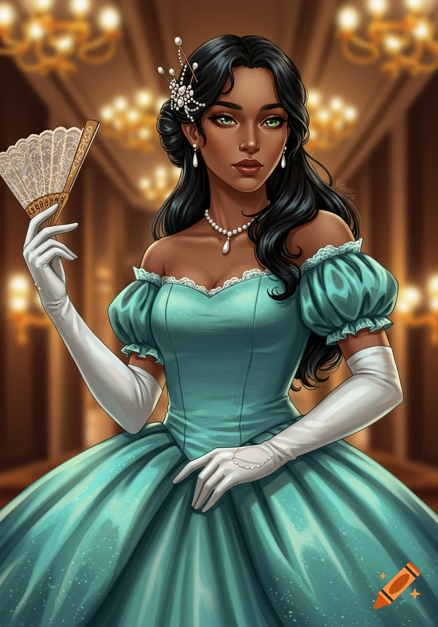 Illustration of a woman with dark hair and green eyes in a cerulean ball gown, white gloves, and pearl necklace, holding a lace fan in a ballroom.