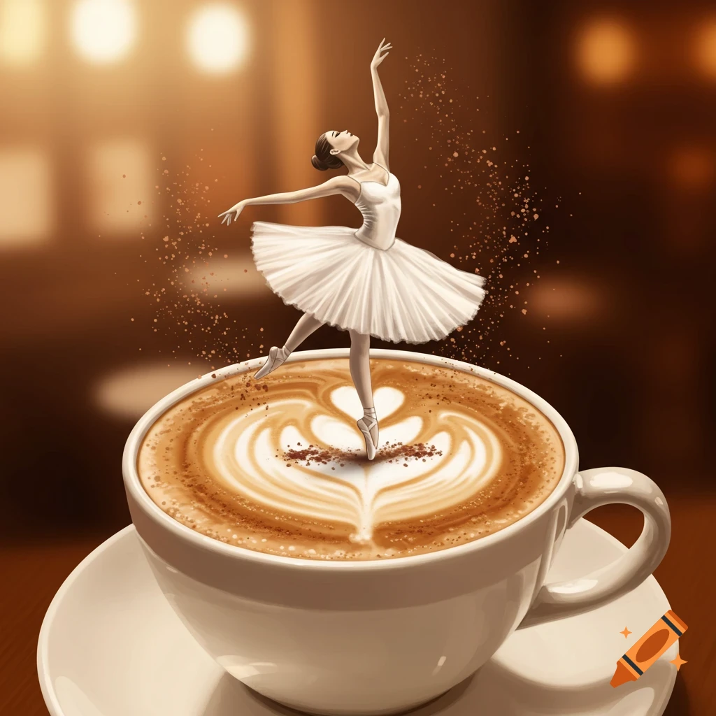 A graceful ballerina in a white tutu dances en pointe on the foam of a latte art heart in a white coffee cup.