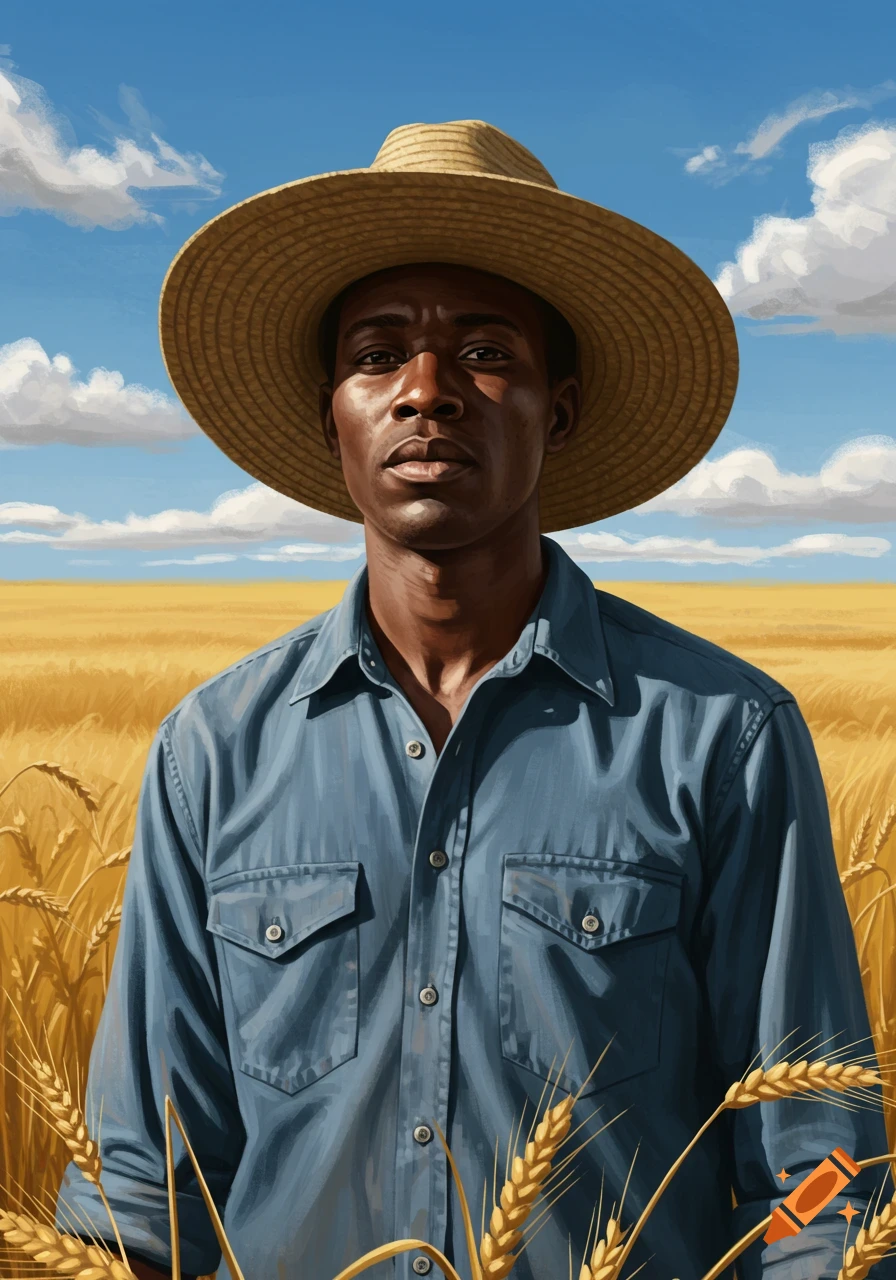 A striking portrait of an African American man wearing a straw hat and a blue shirt, standing in a sunlit golden wheat field under a blue sky with clouds.