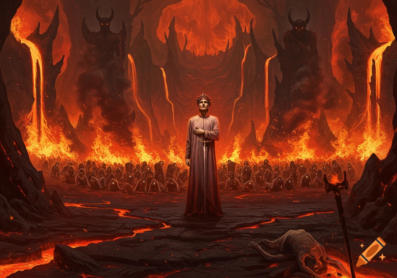 A robed figure with a crown stands in a fiery hellscape with lava flows, surrounded by a crowd of figures and a corpse on the ground.