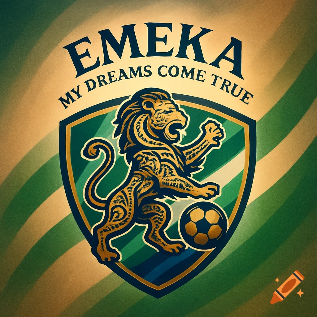 A football team logo featuring a stylized golden lion roaring in front of a green and gold shield, with 'EMEKA MY DREAMS COME TRUE' text above.