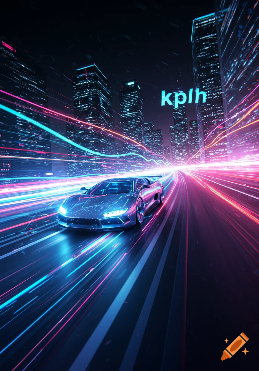 A futuristic car speeds through a neon-lit cyberpunk city at night, leaving light trails behind it.