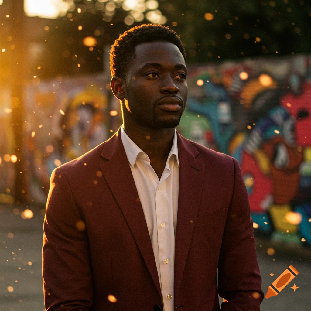 A photorealistic portrait of a Black man in a maroon suit and white shirt, looking right, with golden sunlight and bokeh in front of a colorful graffiti wall.