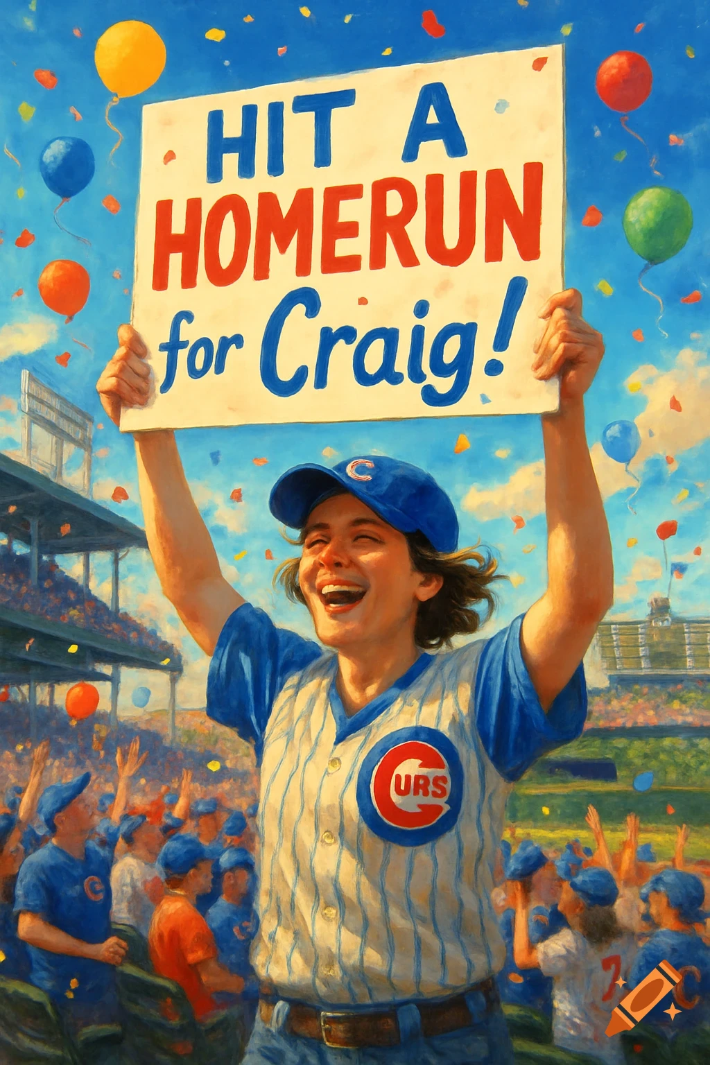 A smiling baseball fan in a Cubs uniform holds up a sign that reads "HIT A HOMERUN for Craig!" in a stadium with confetti and balloons.