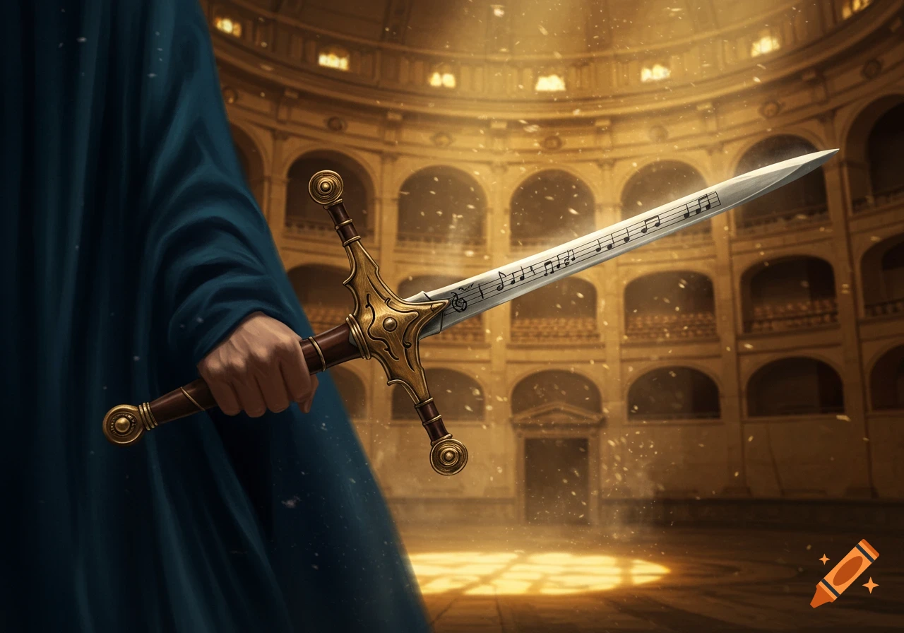A cloaked hand holds an ornate sword with musical notes on its blade, set in a grand, sunlit classical hall.