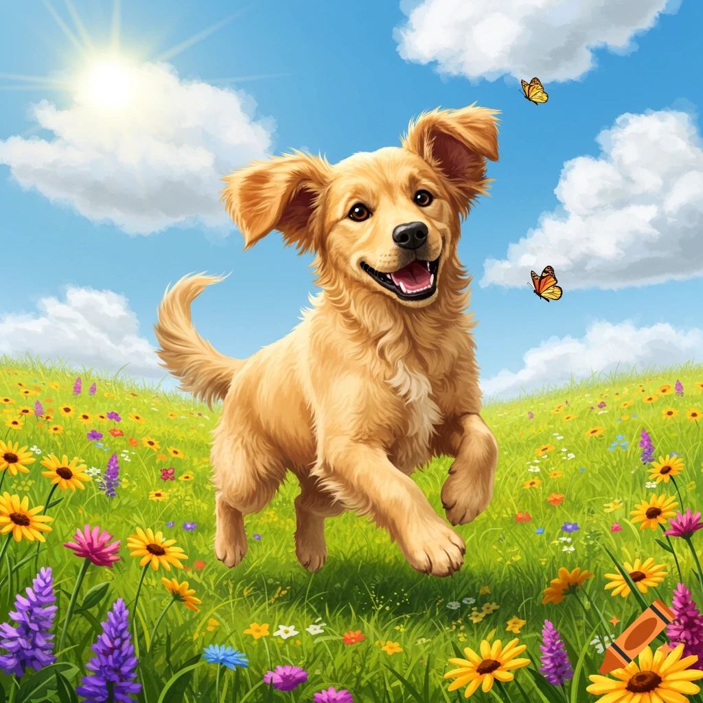 A cute golden puppy leaps through a field of colorful wildflowers under a sunny blue sky, with butterflies nearby.