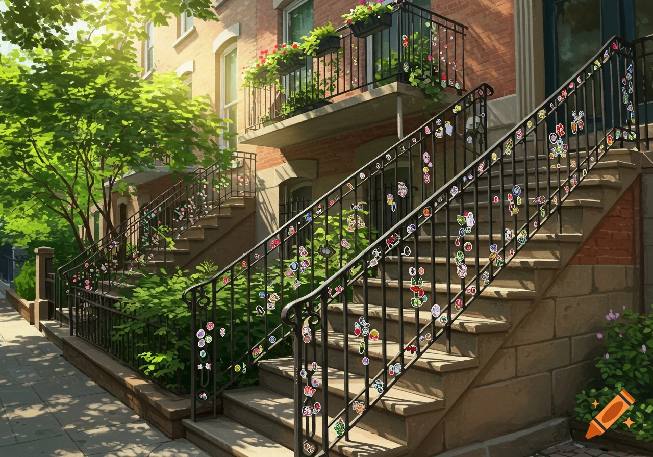 A sunny outdoor illustration of a brick building with stone stairs, black railings covered in colorful stickers, and lush green trees.