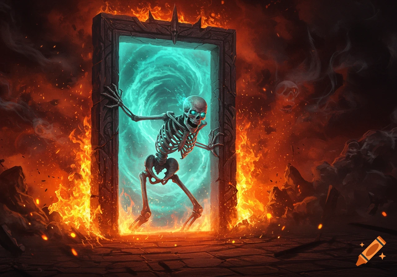An angry skeleton with glowing blue eyes claws at a mystical blue portal, surrounded by intense orange flames in a dark, ominous setting.