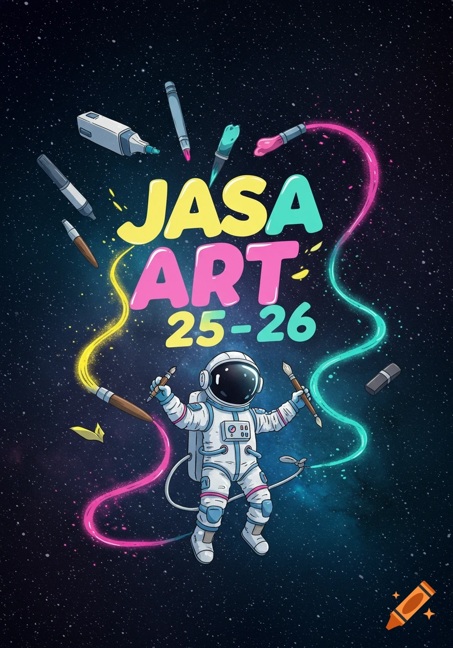 Cartoon astronaut holding paintbrushes in space, surrounded by colorful art supplies and the text JASA ART 25-26.