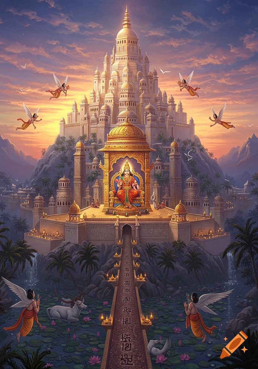 A vibrant illustration of a golden temple complex on a mountain, with a goddess figure, flying celestial beings, and lotus ponds at sunset.