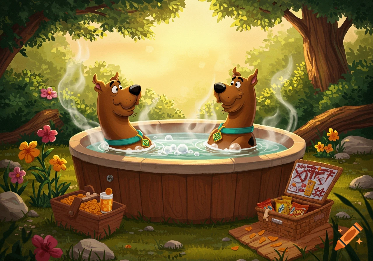 A cartoon of two Scooby Doo dogs relaxing in a wooden hot tub in a sunny forest, surrounded by flowers, with picnic baskets.
